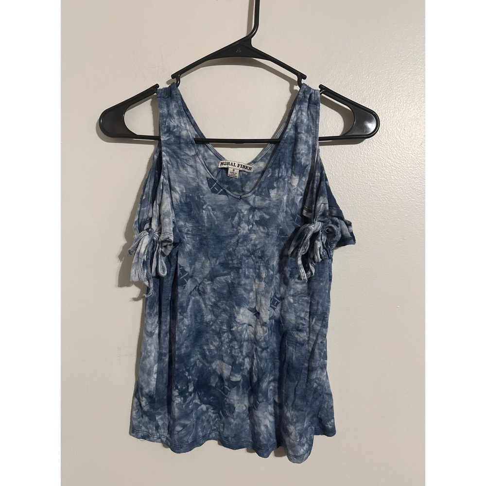 Moral Fiber Women Blue Tie Dye Cold Shoulder V-Neck Tie Sleeve Top Small